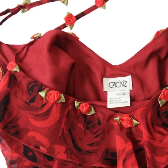 VINTAGE SILK CACHE MIDI DRESS ROSES 2 4 XS S - Picture 4 of 4